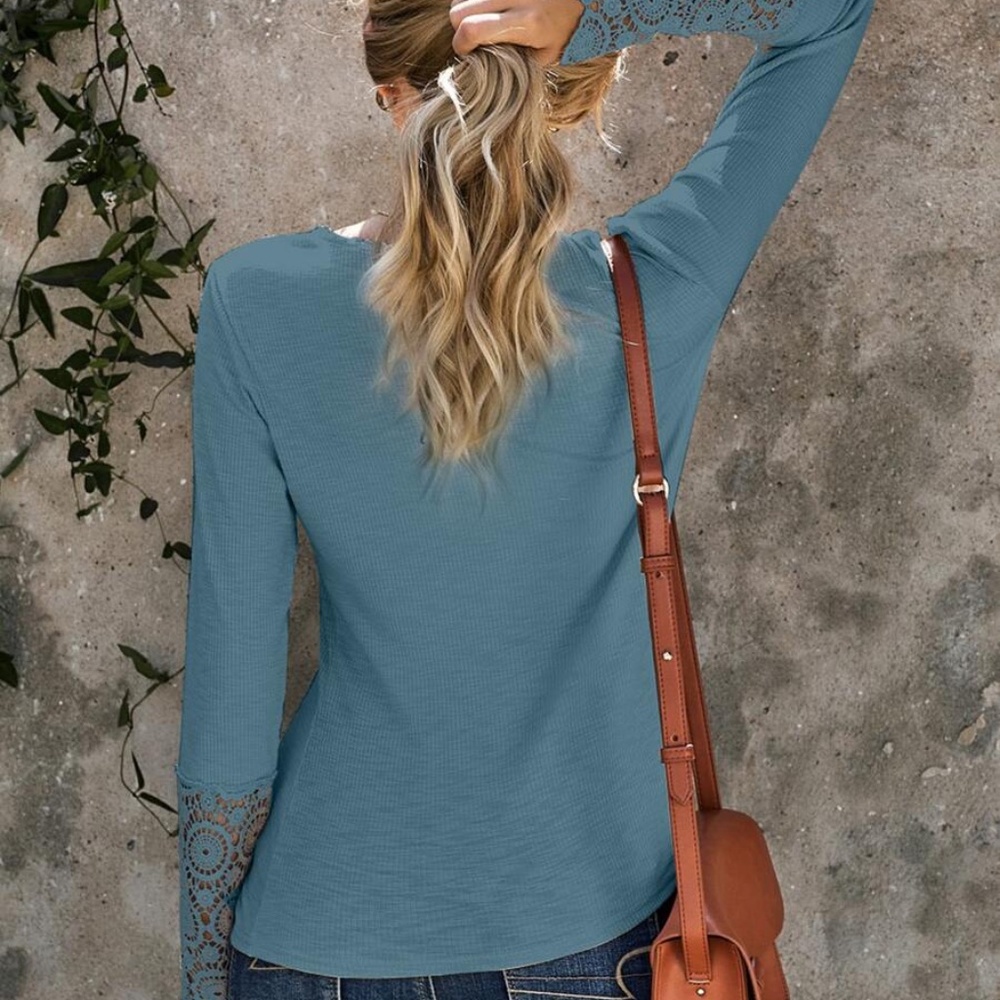 Button up lace long sleeve ribbed top black - Picture 4 of 12